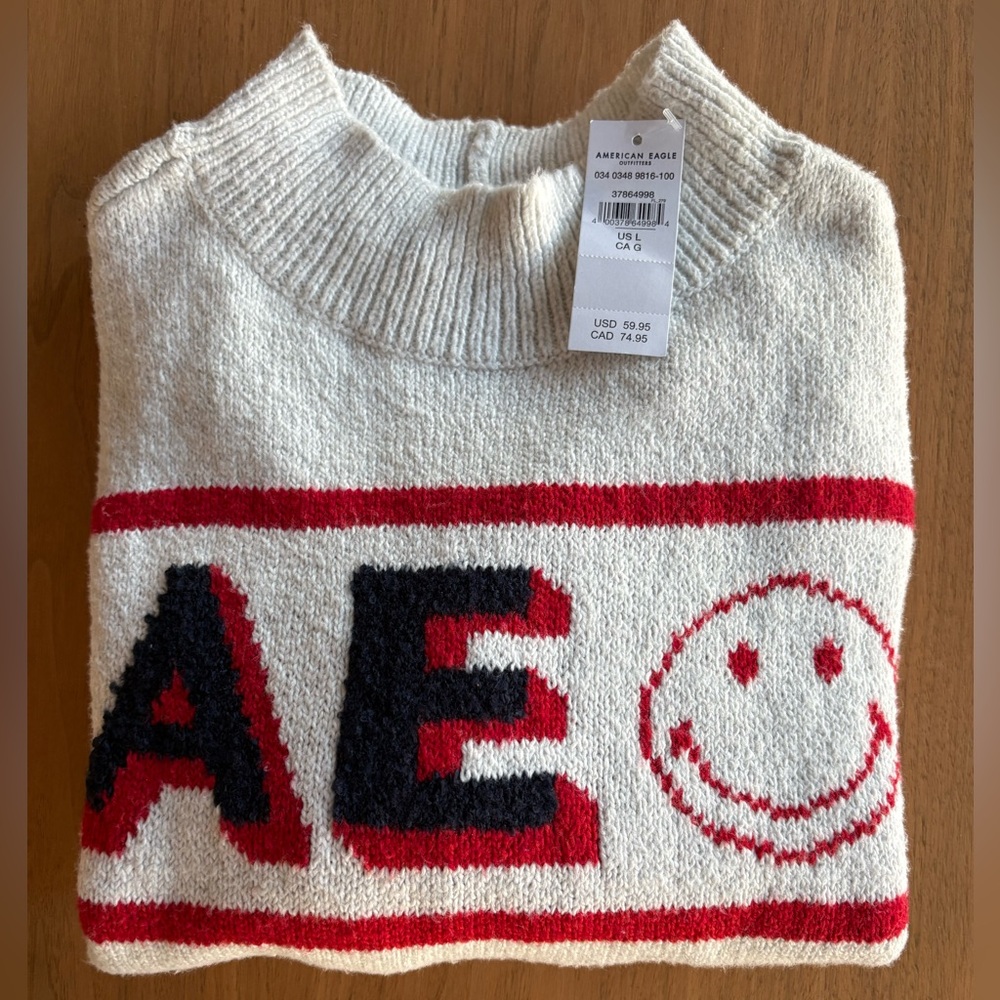 Y2K Sweater Groovy Happy Face Soft Cozy Off-White Nostalgic Whimsy NWT Large